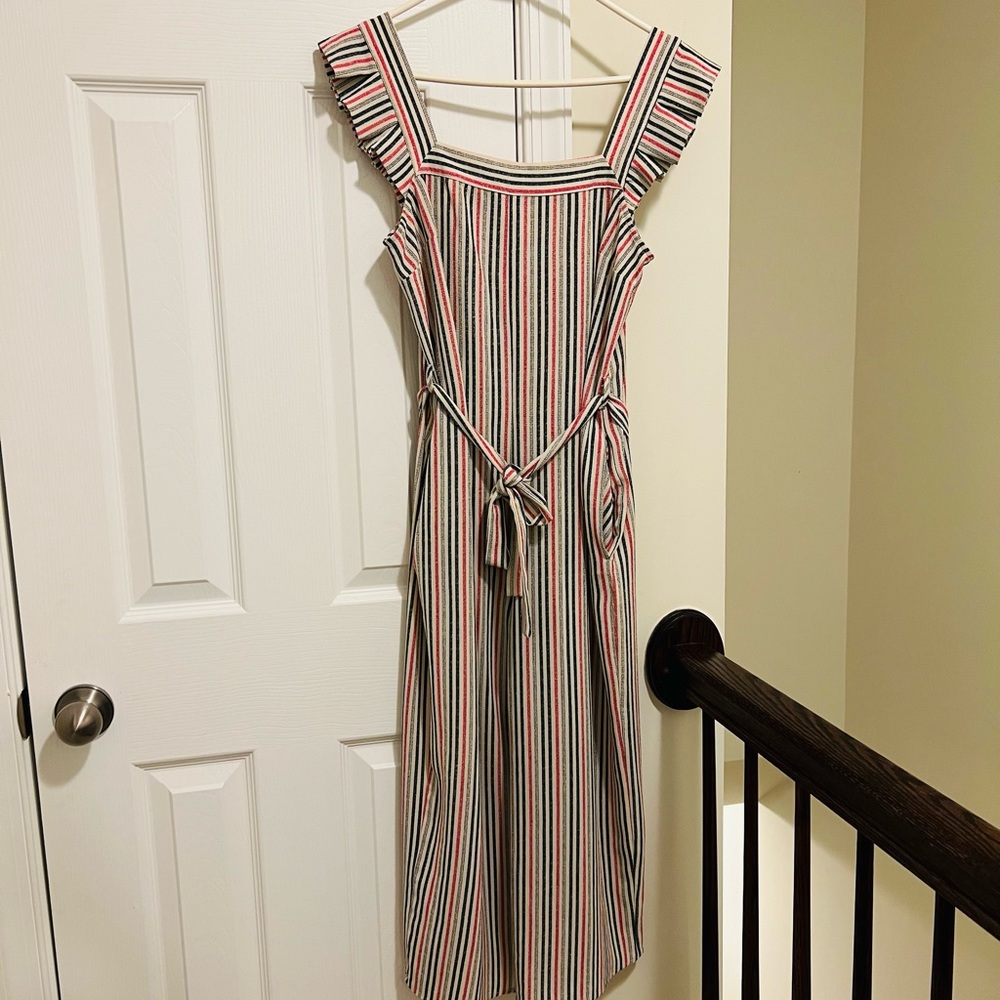 Red, white and blue Belted Pinstriped Jumpsuit